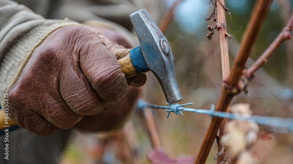 Fototapeta premium Vineyard caretaker skillfully restoring trellis stability by hammering and tightening wires ensuring optimal support for grapevines in an outdoor setting.
