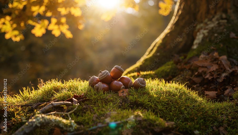 Obraz premium Autumn scene with acorns basking in sunlight on a warm day, highlighting seasonal transition