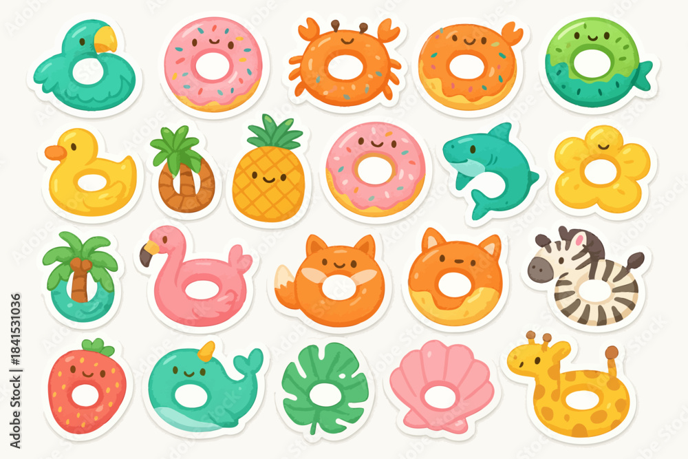 Naklejka premium Colorful cartoon animal and fruit floaties collection