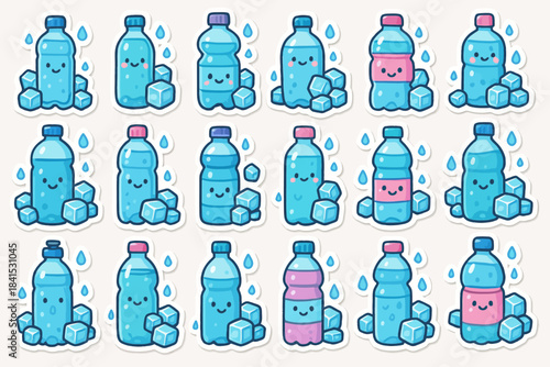 Cute cartoon water bottles with ice cubes and smiling faces pattern
