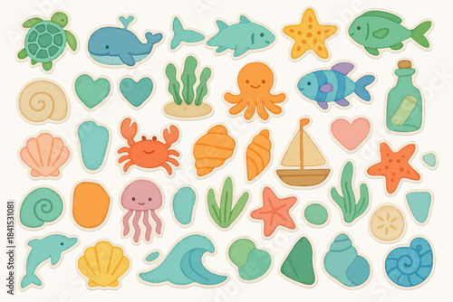 Cute ocean-themed cartoon sticker set with sea animals, shells, and nautical elements