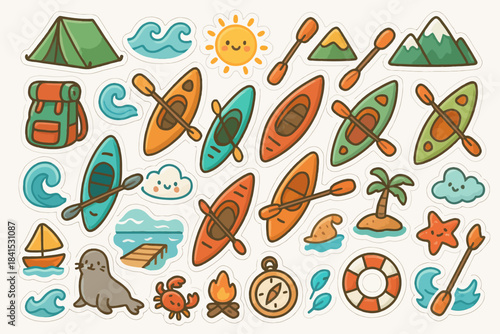 Colorful outdoor adventure stickers with kayaks, sea creatures, and camping elements