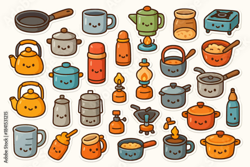 Cute kawaii kitchen tools with faces: teapots, pans, and cooking utensils
