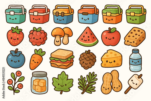 Cute cartoon picnic icons with happy faces featuring fruit, vegetables, and snacks