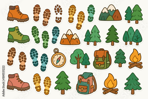Outdoor adventure icons: hiking boots, compass, backpack, trees, campfire