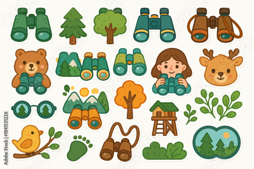 Cartoon outdoor adventure stickers with animals, nature, and explorer elements