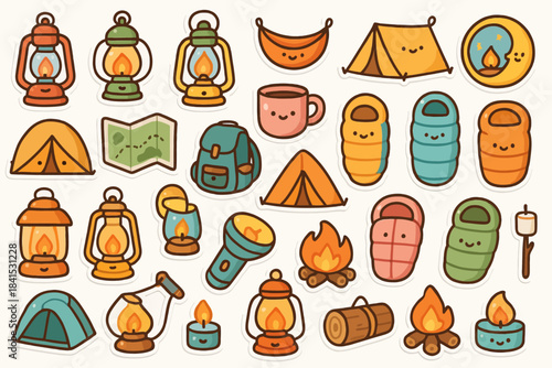 Cute camping stickers with lanterns, tents, sleeping bags, and campfires