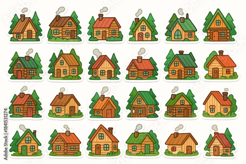 Collection of cozy cartoon cottages with vibrant roofs and surrounding trees