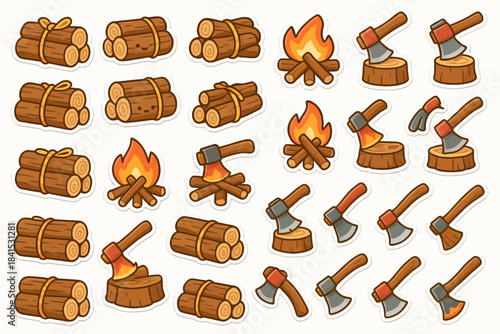 Cartoon axes logs and campfires stickers collection
