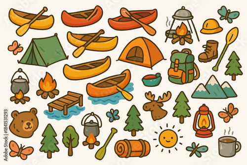 Colorful camping adventure with tents, canoes, wildlife, and campfire elements