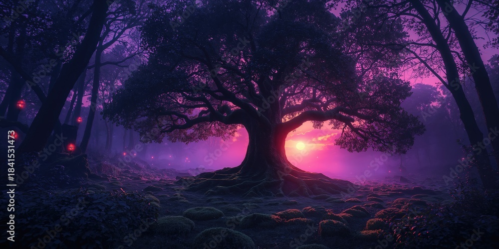 Obraz premium Fairy tale dark woodland scene with neon sunset light filtering through dense trees, atmospheric landscape