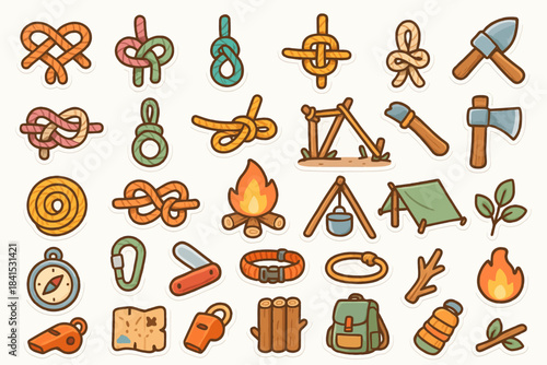 Colorful cartoon camping icons: knots, tools, campfire, tent, compass, backpack