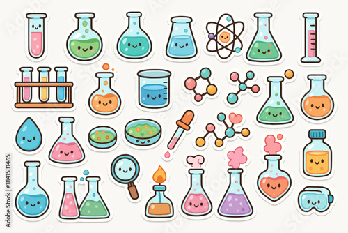 Cute cartoon chemistry set: colorful lab equipment with smiling faces