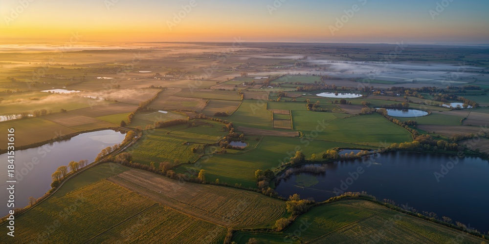 Naklejka premium Aerial view of farmland and lakes in rural landscapes highlighting water bodies and greenery, nature preservation