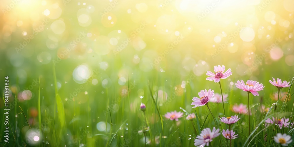 Naklejka premium Field of soft flowers used as a background for text and layout, with blurred bokeh effect