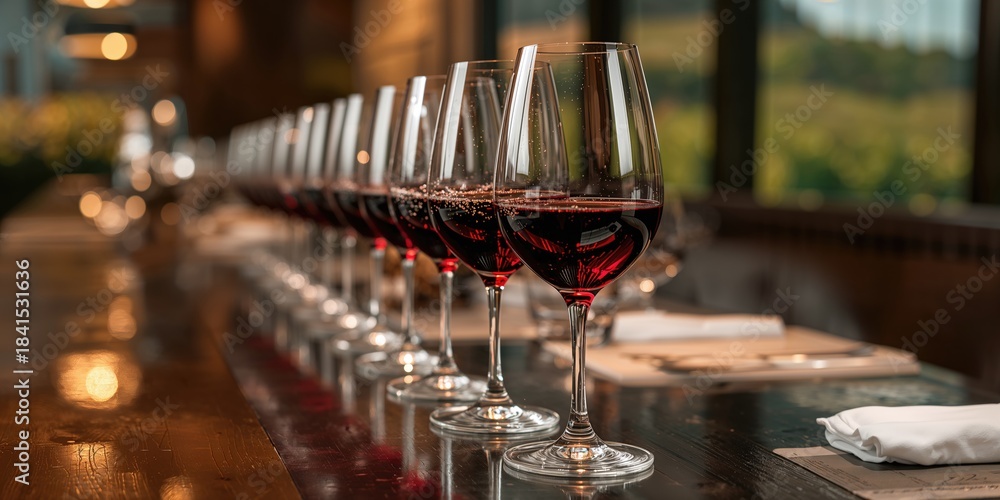 Fototapeta premium Glasses of red wine on a table, wine tasting as a leisure activity
