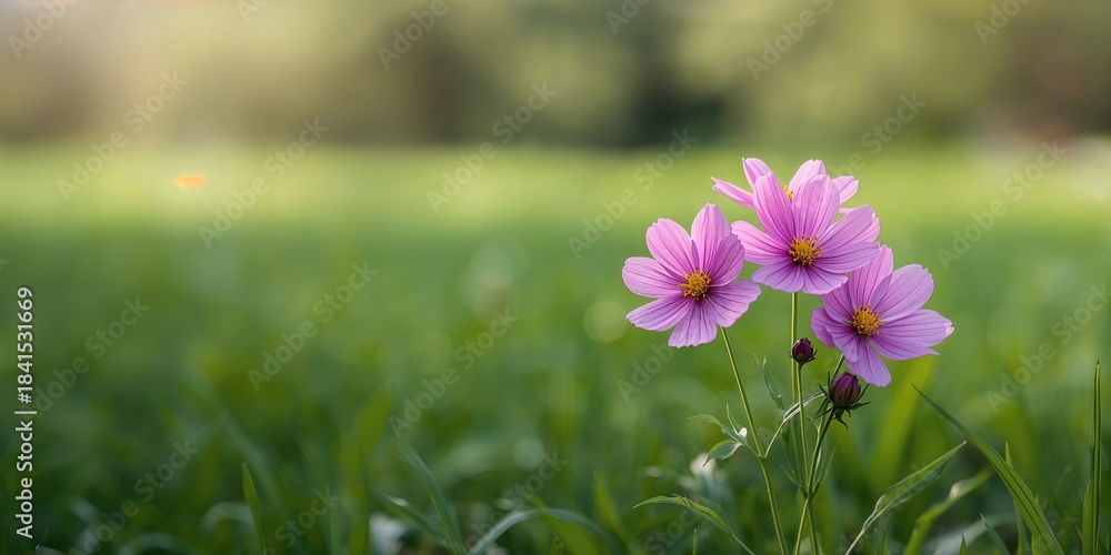 Obraz premium Cosmos Bipinnatus flowers in full bloom in a garden setting, serving as a nature-themed backdrop for layout