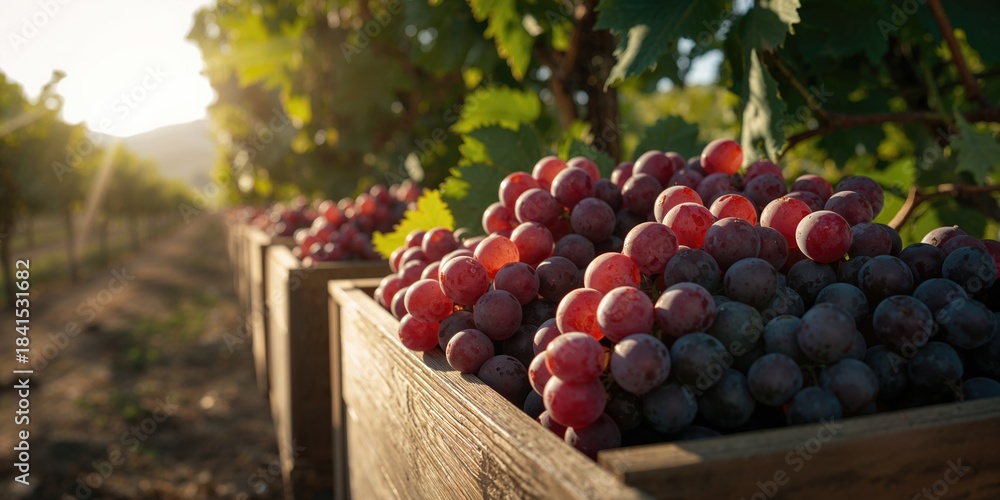 Fototapeta premium Harvested Pinot Noir grapes stored in boxes for wine production, focusing on quality control and handling practices