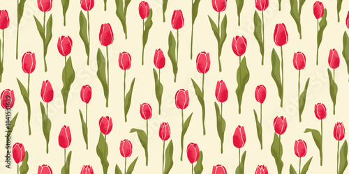Colorful Seamless Banner With Red Tulips On A Beige Background. Abstract Design of spring flowers for postcards, posters, banners, textiles, gift paper