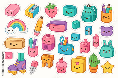 Cute kawaii stickers collection: school supplies, snacks, and adorable faces