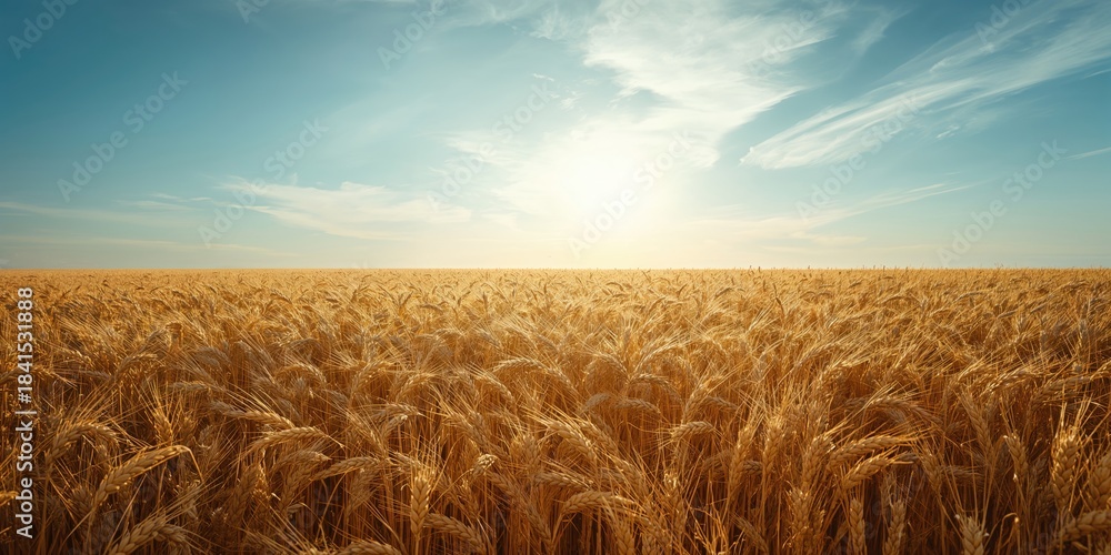 Naklejka premium Mature wheat heads standing tall against a clear sky, illustrating crop maturity and seasonal harvest