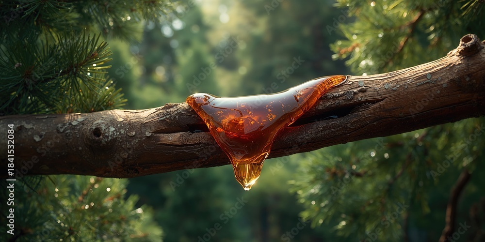 Obraz premium Flowing amber resin from a felled branch, highlighting plant secretion processes for scientific study