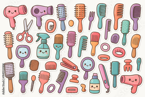 Cute cartoon hair tools: brushes, combs, and accessories with smiling faces
