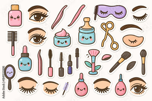 Cute kawaii beauty stickers set with cosmetics and tools in pastel colors