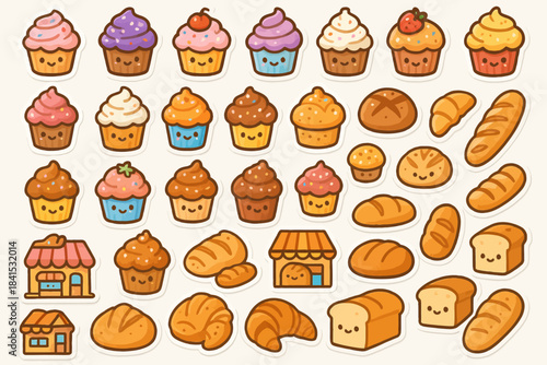 Cute kawaii bakery pattern with smiling cupcakes and bread