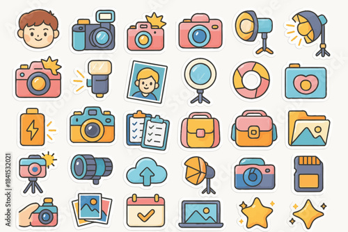 Colorful photography and camera icon set with various equipment illustrations