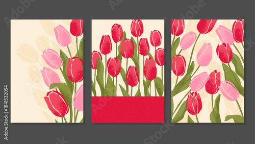 Set Of Posters With Beautiful Colorful Red And Pink Tulips. Spring Floral Design of Greeting Cards, Banners, Flyers, Happy International Women's Day, Mother's Day3 A4
