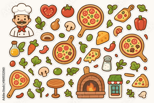 Italian pizza stickers with chef, ingredients, and oven elements