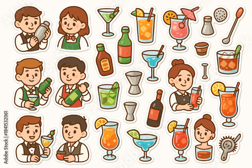 Cartoon bartenders and mixed drinks collection with playful drink elements
