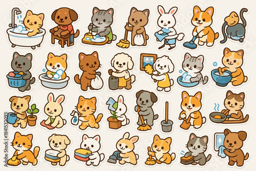 Cute cartoon animals doing chores: cats, dogs, and bunnies in fun activities