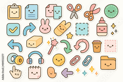 Cute cartoon stickers of objects and animals with smiling faces in pastel colors