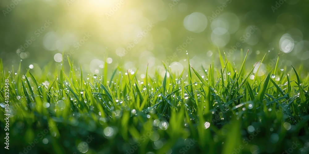 Naklejka premium Abstract background of green grass with dew drops, suitable for text layout or editorial use