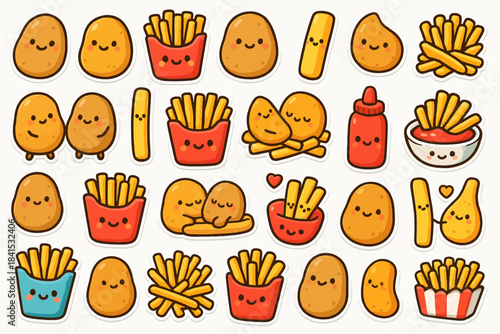 Cute cartoon potatoes and french fries with adorable faces