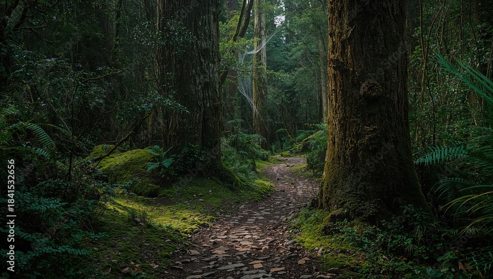 Obraz premium New Zealand rainforest pathway, highlighting seasonal change and accessibility considerations