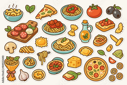 Colorful italian cuisine stickers featuring pasta, pizza, and fresh ingredients