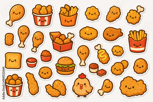 Cute cartoon fried chicken and fast food characters with happy faces
