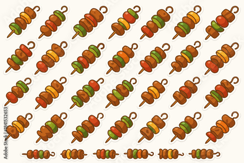 Colorful cartoon skewers with vegetables and meat on sticks