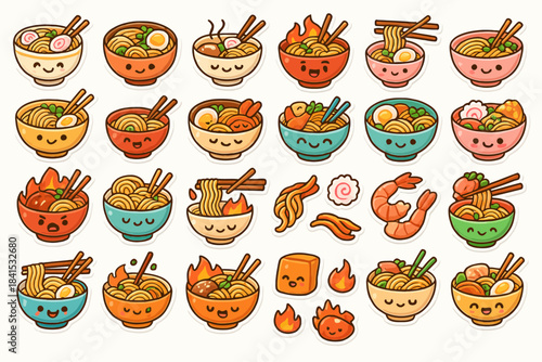 Cute cartoon ramen bowls with smiling faces and various toppings