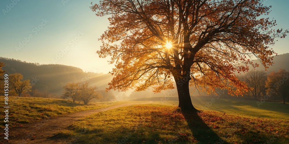 Naklejka premium Seasonal autumn scenery featuring vibrant leaves and fallen foliage, highlighting natural erosion processes