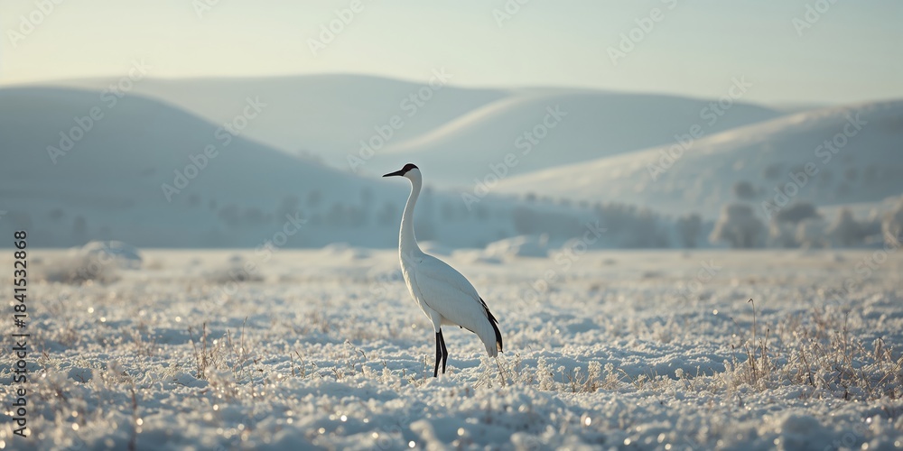 Fototapeta premium Snowy winter scene featuring a crane and bird in a natural environment, highlighting seasonal transition
