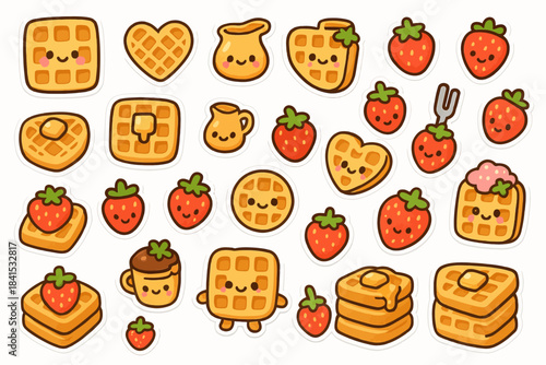 Cute kawaii breakfast pattern with smiling waffles and strawberries