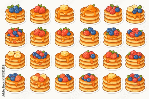 Colorful stack of pancakes with various fruit toppings and syrup drizzles
