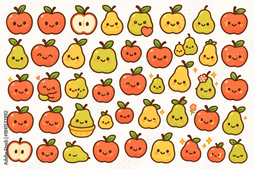 Cute kawaii cartoon faces on apples and pears - playful fruit pattern