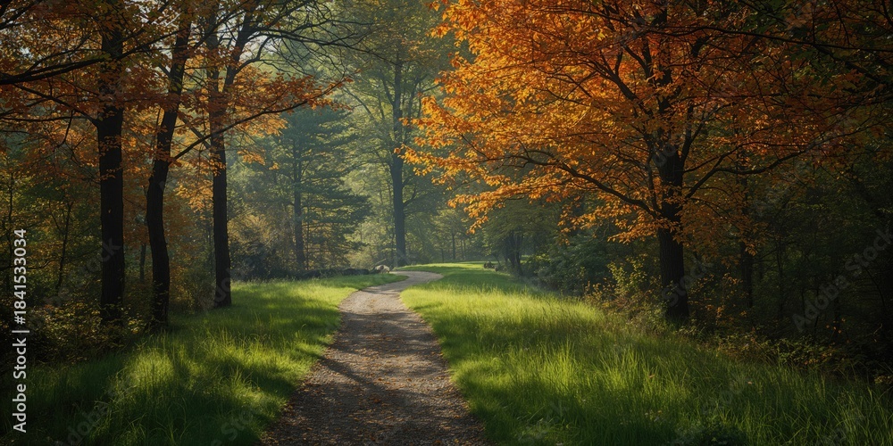 Fototapeta premium Landscape of a lone trail through a deciduous forest with autumn foliage and vibrant greenery