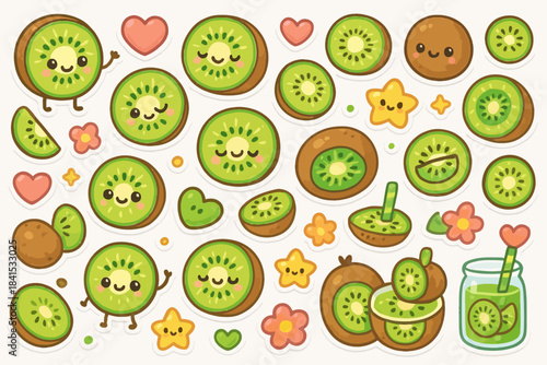 Cute kawaii kiwi fruit pattern with smiling faces and hearts