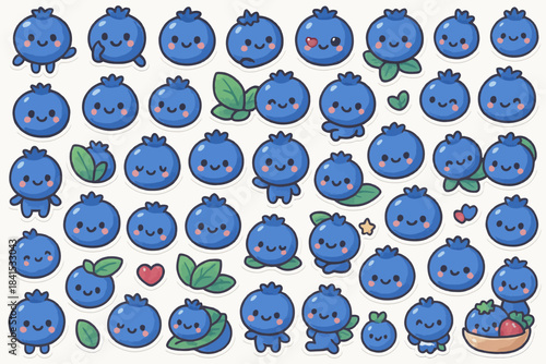 Cute blueberry characters in various expressive poses and playful settings